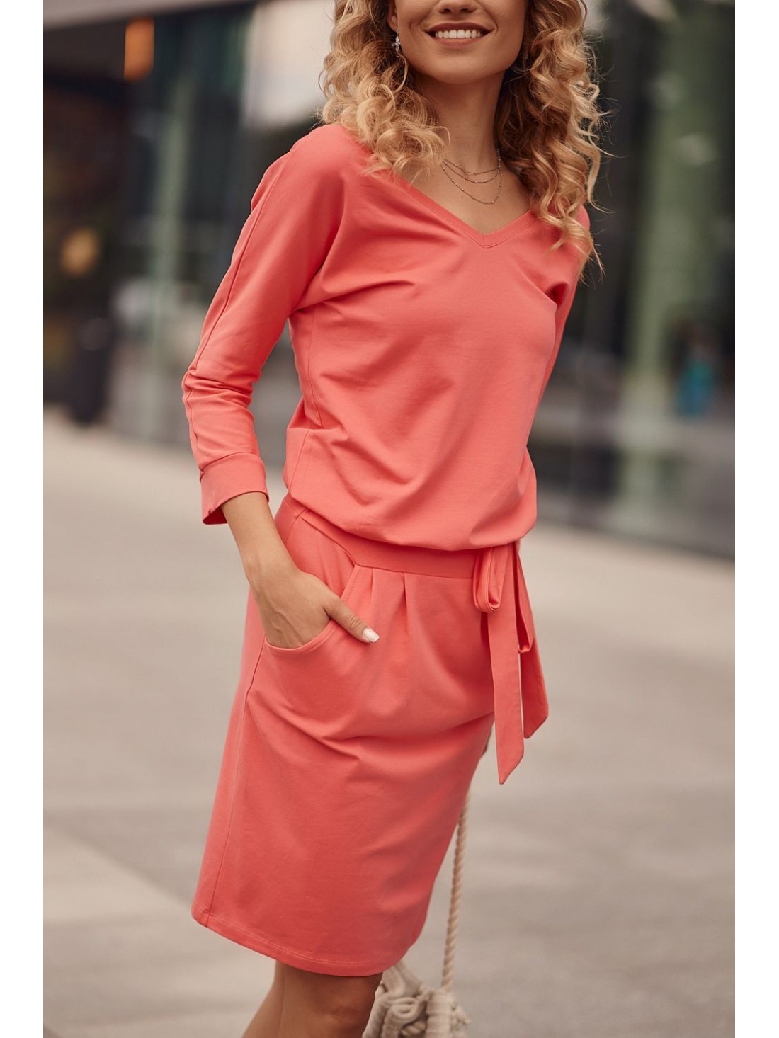 Coral Dress Tied at the Waist 9729 - Online store - Boutique